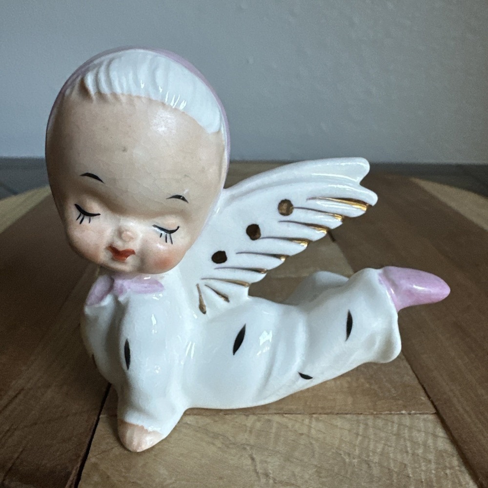 Vintage Ucagco Japan Ceramic Figurine 3 Inch Baby Angel White Pink Gold Details